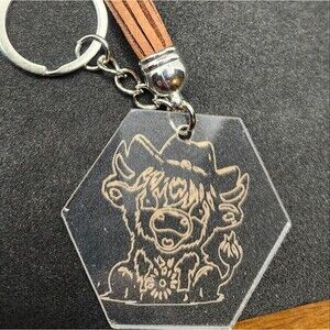 Hand Crafted Keychain Highland Cow Tan  Silver Zipper Pull, Bag Charm Tassel